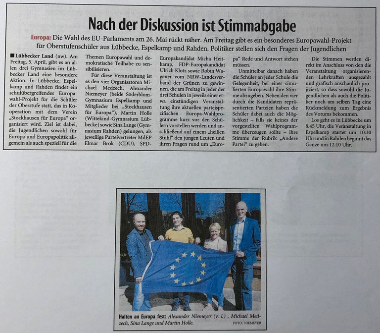 Vorbericht über das schulübergreifende Europa-Projekt an den drei Altkreis-Gymnasien Lübbecke, Espelkamp und Rahden am 5. April 2019 (Neue Westfälische, Lokalteil Lübbecke, 3. April 2019)