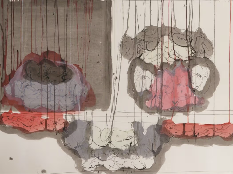 NORMAN BLUHM (1921-1999) Composition, c. 1980-1985 Technique mixte sur papier, signée, date peu lisible, en bas à gauche 55 x 76 cm (à vue), encadrée, expose à la galerie agnes thiebault 