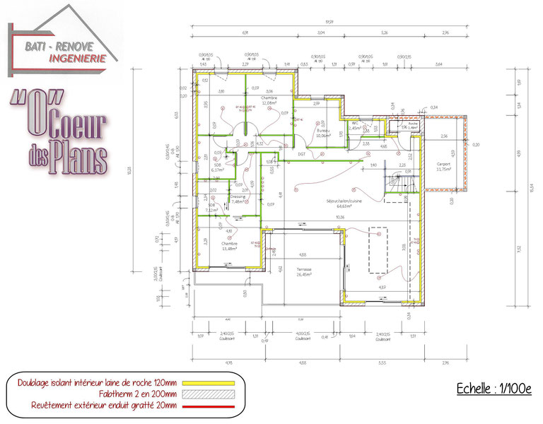 Plan en 2D d’un réseau électrique et du RDC pour maison individuelle, projet réalisé en sous-traitance, constructeur en Essonne (91)