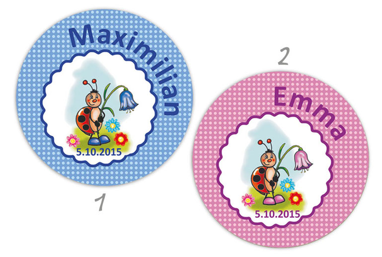 personalisierbare Babyaufkleber mit niedlichen Marienkäfer mit Glockenblume, personalisierbar mit Wunschtext - zur Geburt, Babyshower, Gastgeschenke, Einladungen, Dankesbriefe