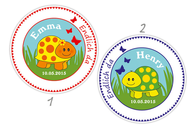personalisierbare Babyaufkleber mit niedlichen Schildkröten, personalisierbar mit Wunschtext - zur Geburt, Babyshower, Gastgeschenke, Einladungen, Dankesbriefe