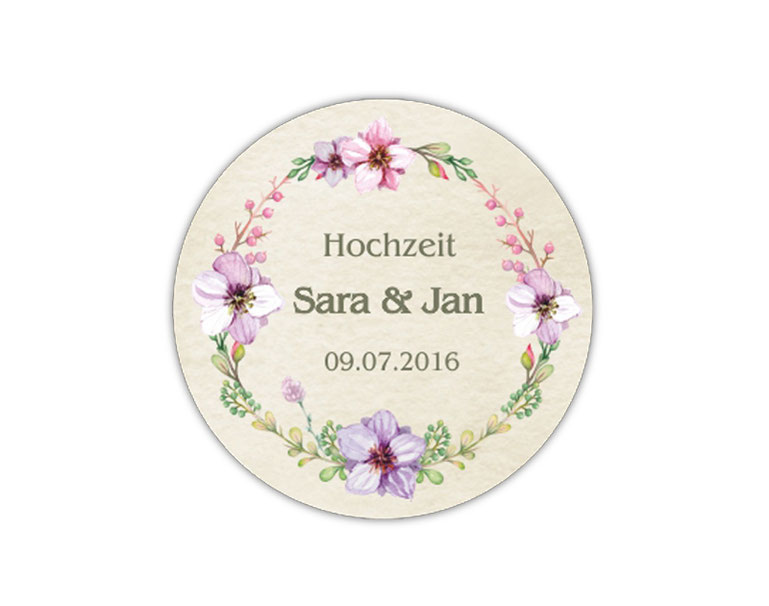 personalisierbare Hochzeitsaufkleber mit romantischen Blumenkranz - für Verlobungen, Hochzeiten, Familienfeiern, Gastgeschenke, Einladungen, Dankesbriefe