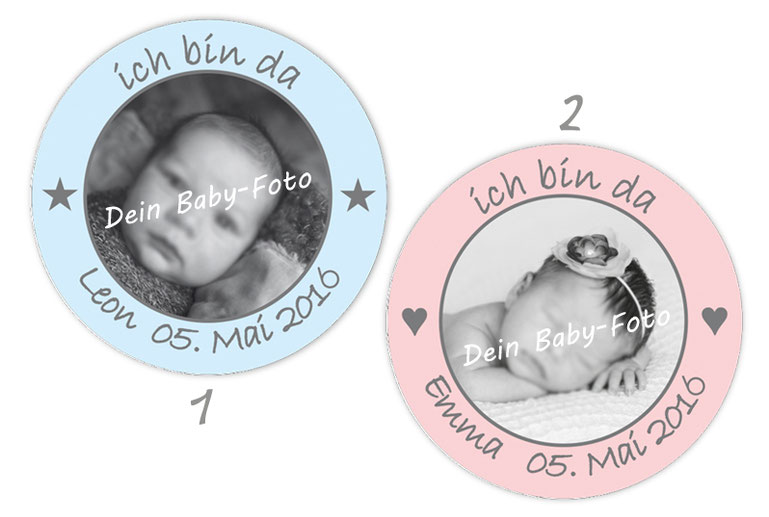 personalisierbare Babyaufkleber mit Herzchen und Sternchen, personalisierbar mit Wunschtext und Foto - zur Geburt, Babyshower, Gastgeschenke, Einladungen, Dankesbriefe