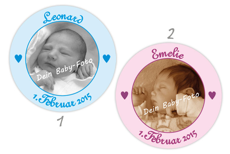 personalisierbare Babyaufkleber mit Herzchen, personalisierbar mit Wunschtext und Foto - zur Geburt, Babyshower, Gastgeschenke, Einladungen, Dankesbriefe