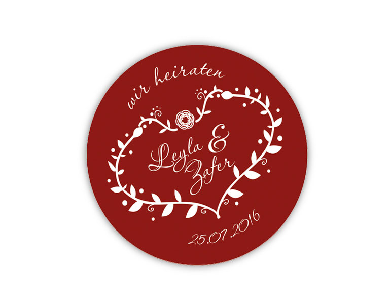 personalisierbare Hochzeitsaufkleber - Ornament Herz rot - wir heiraten - für Verlobungen, Hochzeiten, Familienfeiern, Gastgeschenke, Einladungen, Dankesbriefe