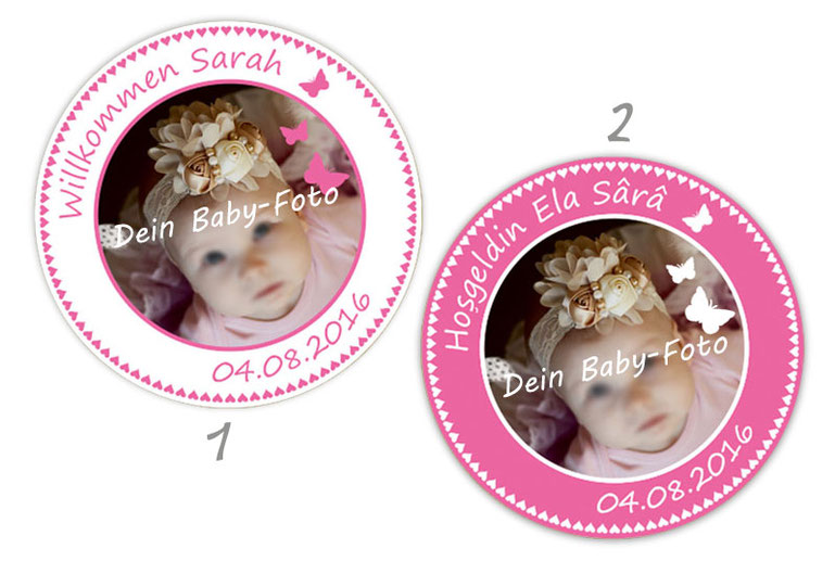 personalisierbare Babyaufkleber mit Schmetterlingen, personalisierbar mit Wunschtext und Foto - zur Geburt, Babyshower, Gastgeschenke, Einladungen, Dankesbriefe
