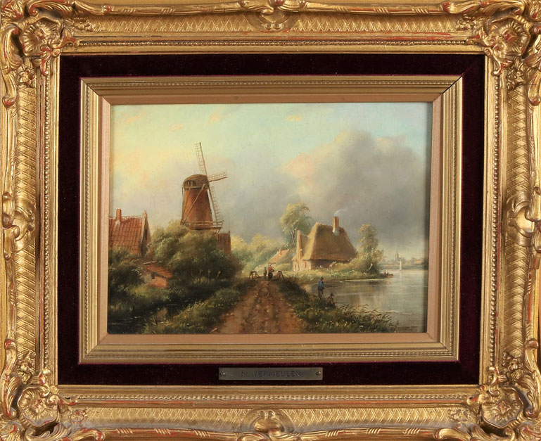 te_koop_aangeboden_een_zomergezicht_met_windmolen_en_figuren_van_de_nederlandse_kunstschilder_marinus_cornelis_thomas_vermeulen_1868-1941