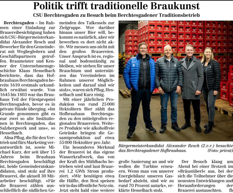 Berchtesgadener Anzeiger, Kommunalwahl 2026, CSU Berchtesgaden, Alex Resch, Hofbräuhaus Berchtesgaden, Berchtegaden, Bürgermeisterkandidat, Gemeindrat, Alisa Pflug, Bräuhaus