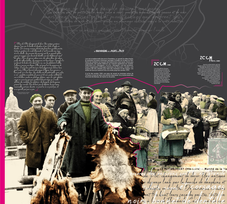 Texte de niveau 2, un côté d'un ensemble de 3 panneaux, composition et colorisation d'illustrations et d'images d'archives, 240 cm de haut