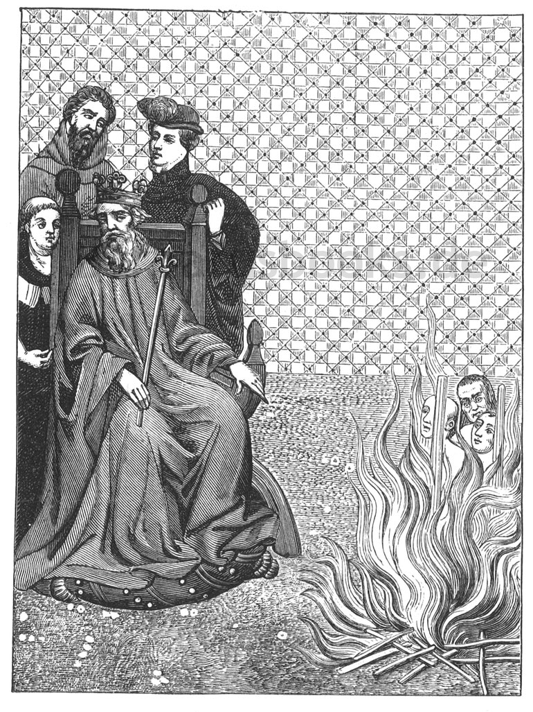 Abb. 309. – Amaurys Jünger wurden auf Befehl von Philipp August verbrannt (1208). – Faksimile einer Miniatur in den „Chroniques de St. Denis“ (Manuskript des 14. Jahrhunderts). – Burgundische Bibliothek, Brüssel.