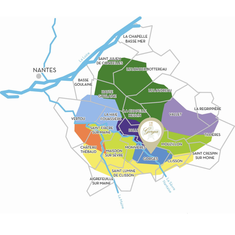 carte du vignoble de Nantes, le vignoble nantais - production de muscadet Sèvre et Maine, production de muscadet sur lie à Gorges, près de Clisson, Mouzillon, Le Pallet, Vallet, Saint Lumine de Clisson, La Chapelle Heulin, la Haie Fouassière, Le Landreau