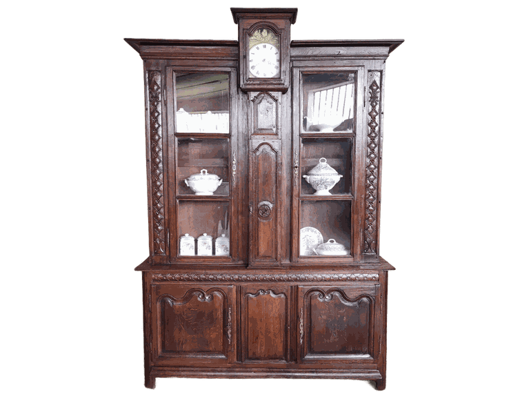 CREDENZA BIBLIOTECA LIBRERIA IN LEGNO DI ROVERE MASSELLO LUIGI XV INTEGRA ORIGINALE DI EPOCA XVIII SECOLO, QUESTO OGGETTO SI PRESENTA CON PENDOLO INCORPORATO RESTAURATA ALT.CM. 256 LARG.CM. 180 PROF.CM. 40