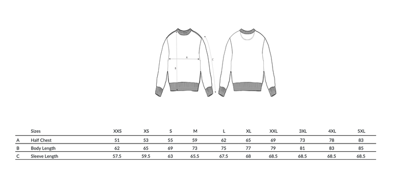 Größentabelle für Unisex-Pullover der Weinsäure-Kollektion – alle wichtigen Maße für bequemen Sitz von XS bis 5XL.