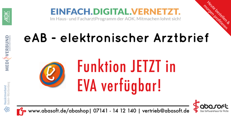 abasoft Praxissoftware Arztsoftware EVA PVS Einfach.Digital.Vernetzt Neu Hausärzteverbund Mediverbund AOK eAB elektronischer Arztbrief