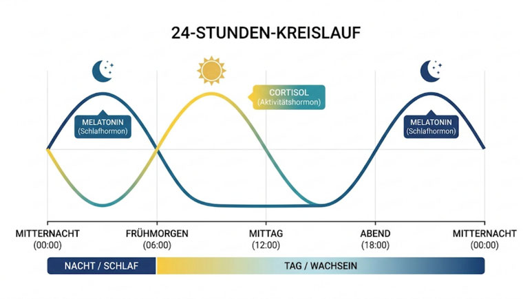 Diagramm des zirkadianen Rhythmus zur Veranschaulichung des hormonellen Verlaufs von Cortisol und Melatonin für gesunden Schlaf.
