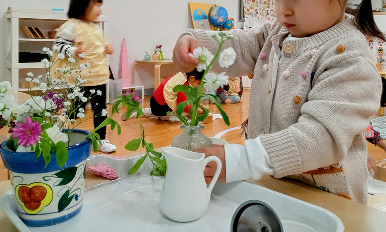 1歳児がモンテッソーリの個別活動で花を活ける活動に楽しく取り組んでいます。