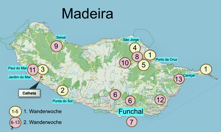 Bild: Karte von Madeira mit unseren Wandertouren