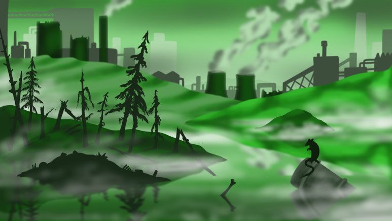 Digital Art "Umweltsünden": Giftgrüne Landschaft mit sterbenden Bäumen, Knochen im Wasser, im Hintergrund Atomkraftwerk und Andeutung eines Industriegebiets