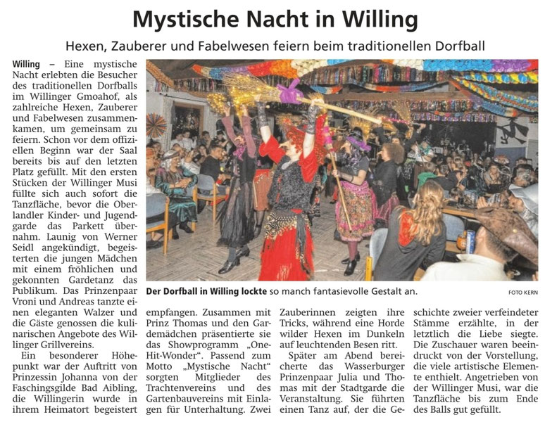 Zeitungsbericht Dorfball in Willing im Gmoahof 2025