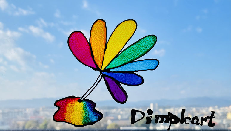 ディンプルアートで虹の羽ペン雨里