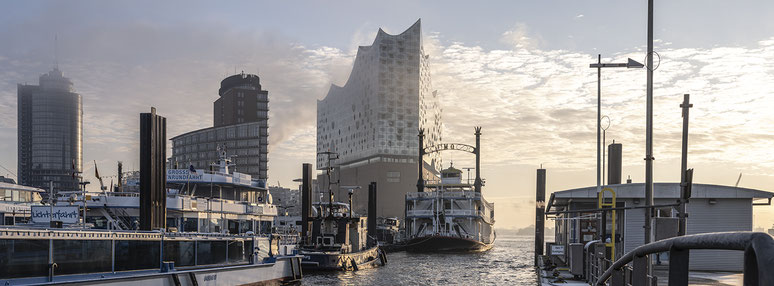 Elbphilharmonie und Niederhafen in Hamburg als Farbphoto im Panorama-Format. 