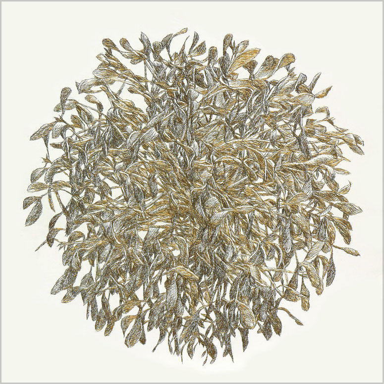 "Mistletoe" 90x90cm (35,5 x 35,5 inch). Gold plated metal staples on wood with canvas.