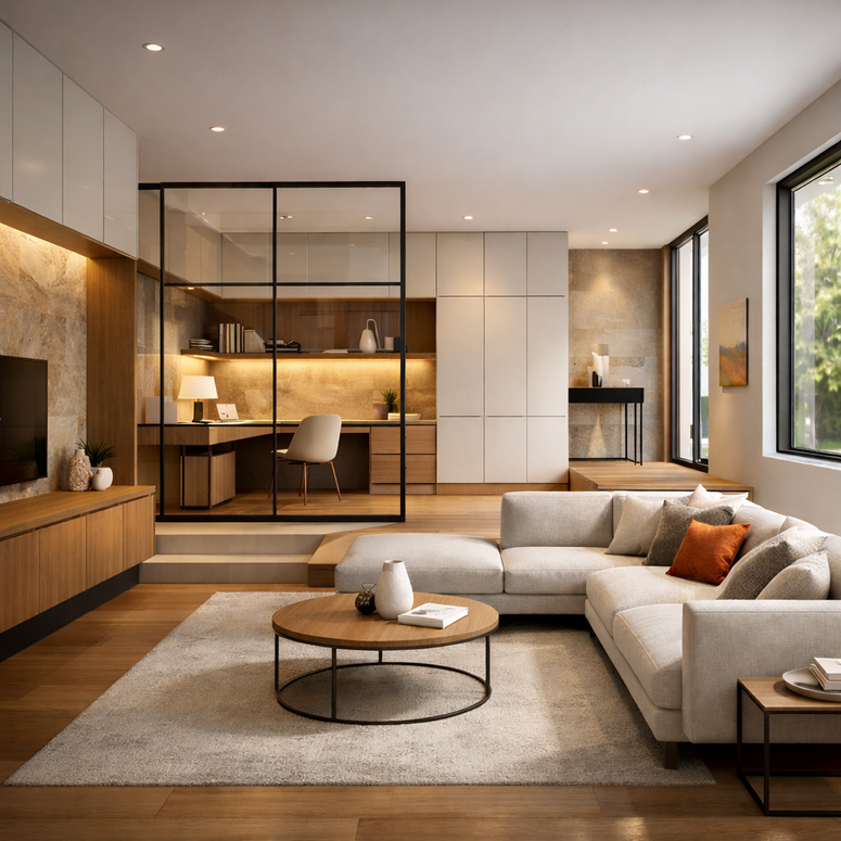 salon confortable d'un appartement, baigné de lumière, avec du parquet, des meubles mesure pour optimisation de l'espace.