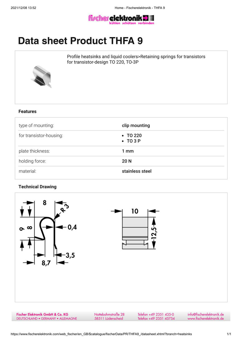 THFA9 Fischer Elektronik TO-3P TO-220パッケージ トランジスタ固定用スプリング