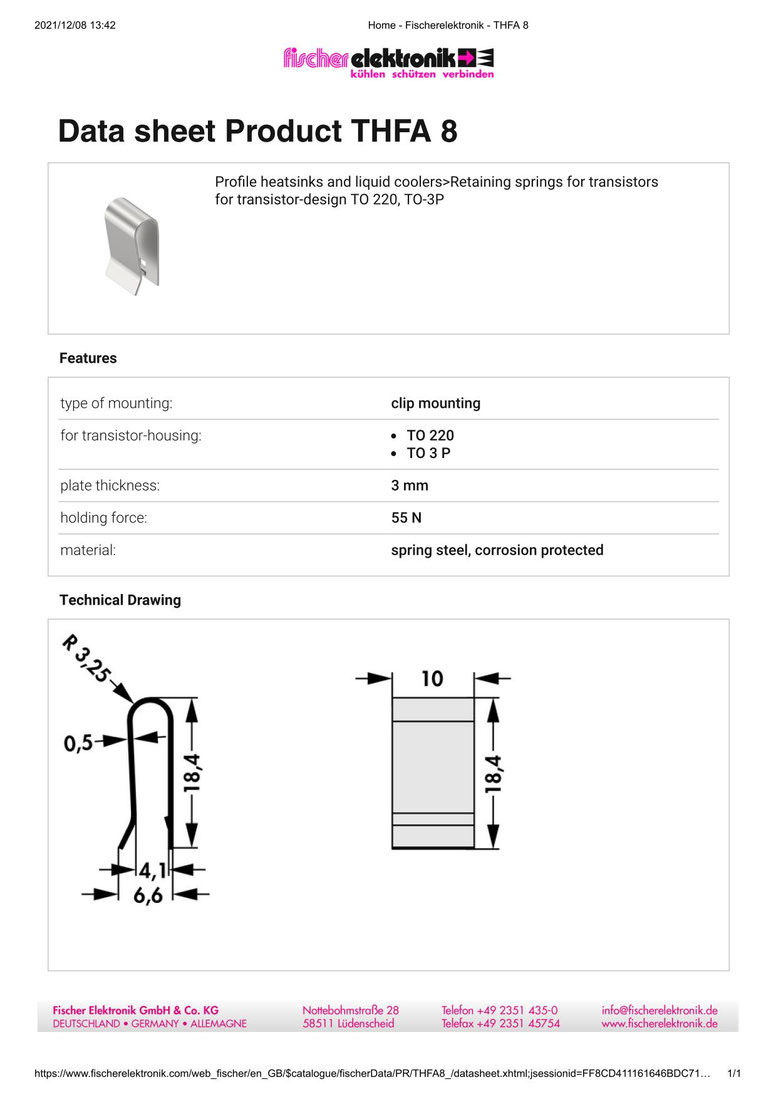 THFA8 Fischer Elektronik TO-3P TO-220パッケージ トランジスタ固定用スプリング