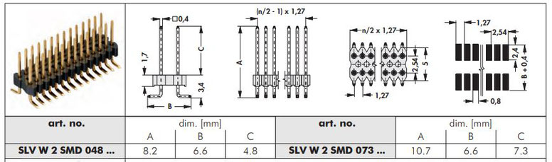 SLV W 2 SMD | 1.27mmピッチ | 表面実装用ピンヘッダ | 2列 | Fischer Elektronik