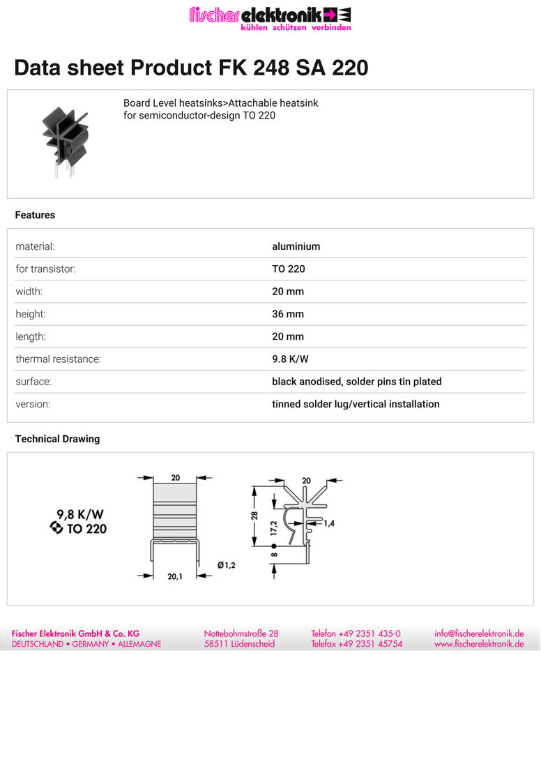 FK-248-SA-220 | 9.8K/W | クリップオンヒートシンク | Fischer Elektronik