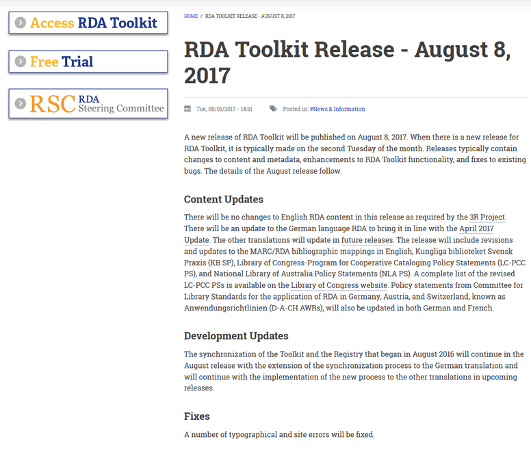 Infos zum August-Release auf der Website des RDA Toolkit