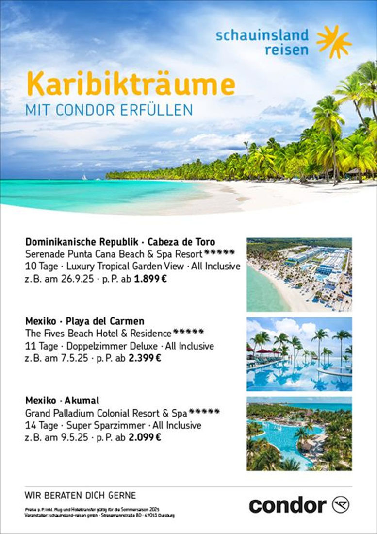 Schauinsland Reisen Dominikanische Republik und Mexico mit Flug Condor, auf Wunsch Condor Premium oder Bussiness Class buchen