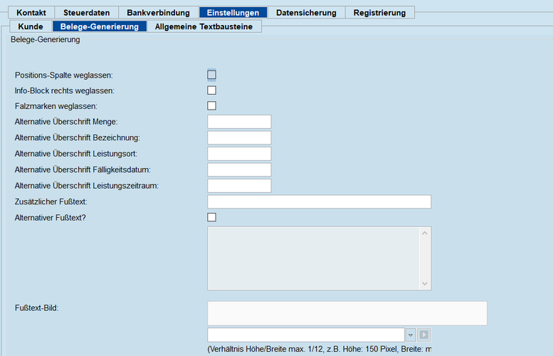 Beleg Generierung Registerkarte