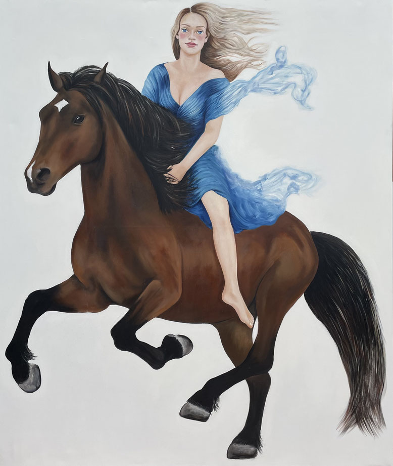 Mara on a horse, Oil on Canvas, 200 x 170 cm, 2021.