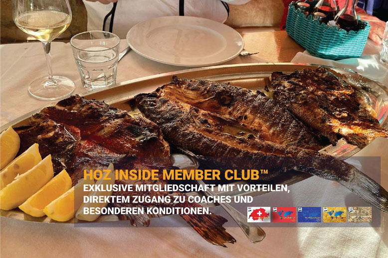 Geselligkeit mit Fisch und Wein – HOZ INSIDE MEMBER CLUB™ exklusive Mitgliedschaft mit Vorteilen, Coaching-Zugang und Sonderkonditionen.