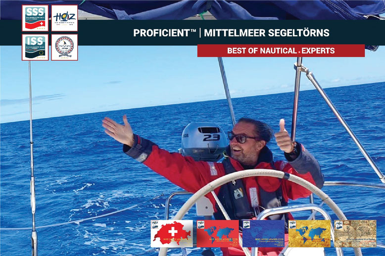 Skipper am Ruder einer Segelyacht im Mittelmeer – Segeltörns für den Hochseeschein mit HOZ Hochseezentrum™.