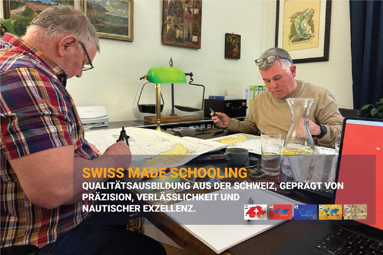 Teilnehmer arbeiten an Seekarten – Swiss Made Schooling steht für Präzision und nautische Qualität aus Schweiz.
