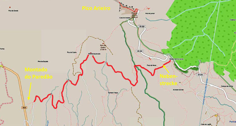 Die Karte zeigt die ca. 2,5 km unterhalb des Pico Arieiro in Richtung Curral das Freiras (das Nonnental) abzweigende Nebenstrecke (Quelle: openstreetmap, Lizenz CC-BY-SA 2.0).