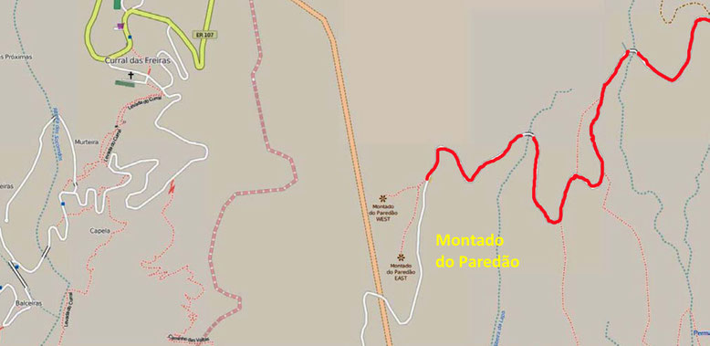 Die Karte zeigt die südöstlich von Curral das Freiras gelegenen beiden Aussichtsplattformen Montado do Paredão West und Montado do Paredão Ost (Quelle: openstreetmap, Lizenz CC-BY-SA 2.0).