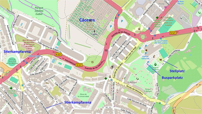 Karte mit dem Stellplatz von Cáceres