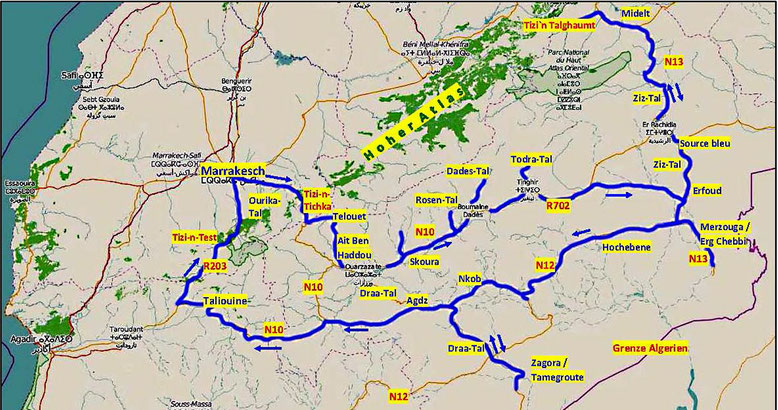 Unsere Reiseroute (Quelle: openstreetmap Lizenz CC-BY-SA 2.0). 