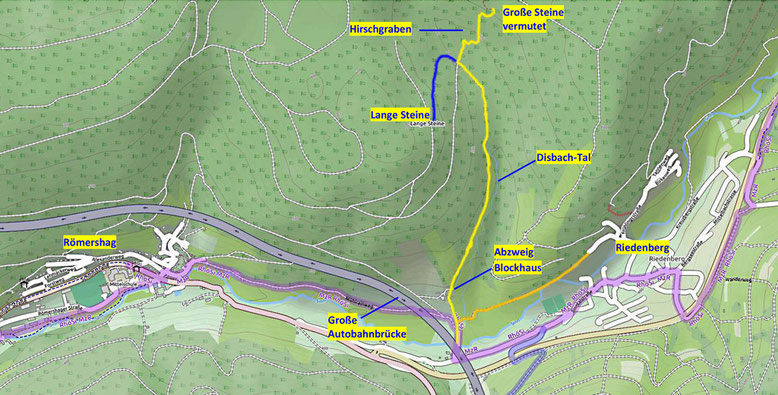 Fußweg von der großen Autobahnbrücke zu den Großen und Langen Steinen (Quelle: openstreetmap, Lizenz CC-BY-SA 2.0).