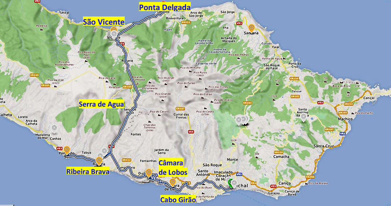 Erste Tagesfahrt mit unserem Miet-PKW in Richtug Sao Vicente (Quelle: openstreetmap, Lizenz CC-BY-SA 2.0).