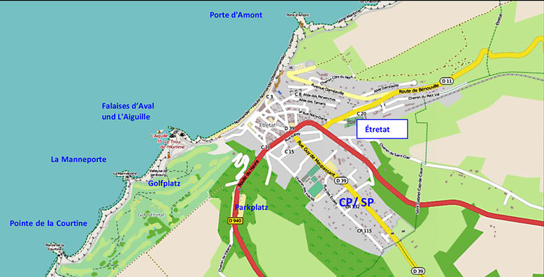 Küstenlinie bei Étretat mit den markanten Felsbögen Porte d'Amont, Porte d'Aval, La Manneporte und der Felsnadel L'Aiguille (Quelle: openstreetmap, Lizenz CC-BY-SA 2.0). 