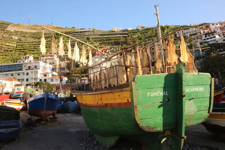 Boot mit Trockenfisch im Hafen von Câmara de Lobos.   