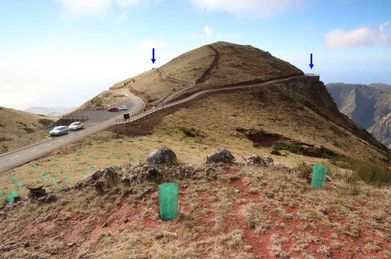 Parkplatz am Montado do Paredão. Der blaue Pfeil links im Bild markiert die Aussichtsplattform auf der Südseite mit Blick in Richtung Funchal, der Pfeil rechts im Bild die Plattform auf der Nordseite mit Blick in das Nonnental.