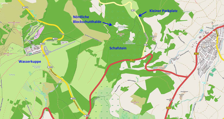Kärtchen Anfahrt Schafstein, östlich der Wasserkuppe (Quelle: openstreetmap, Lizenz CC-BY-SA 2.0).