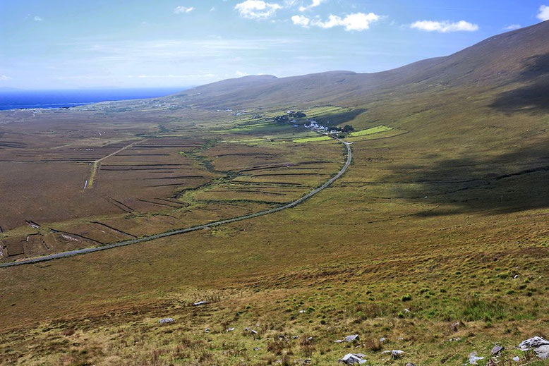Ausblick auf halber Höhe auf dem Weg zu den Sendemasten. Mweelin Road und Umgebung.