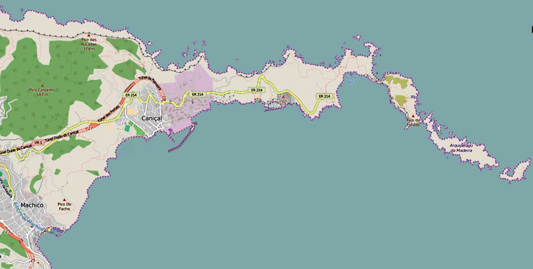 Die Karte zeigt die Halbinsel Ponta de São Lourenço östlich der Städtchen Machico und Canical (Quelle: openstreetmap, Lizenz CC-BY-SA 2.0).